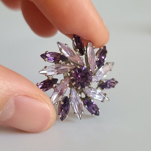 Sherman Swarovski amethyst purple circle brooch pin clip on earrings set Navette - Picture 12 of 16